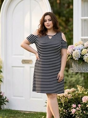 Black White Stripe Cold Shoulder Dress 1X Minimalist A-Line Clean Girl Capsule